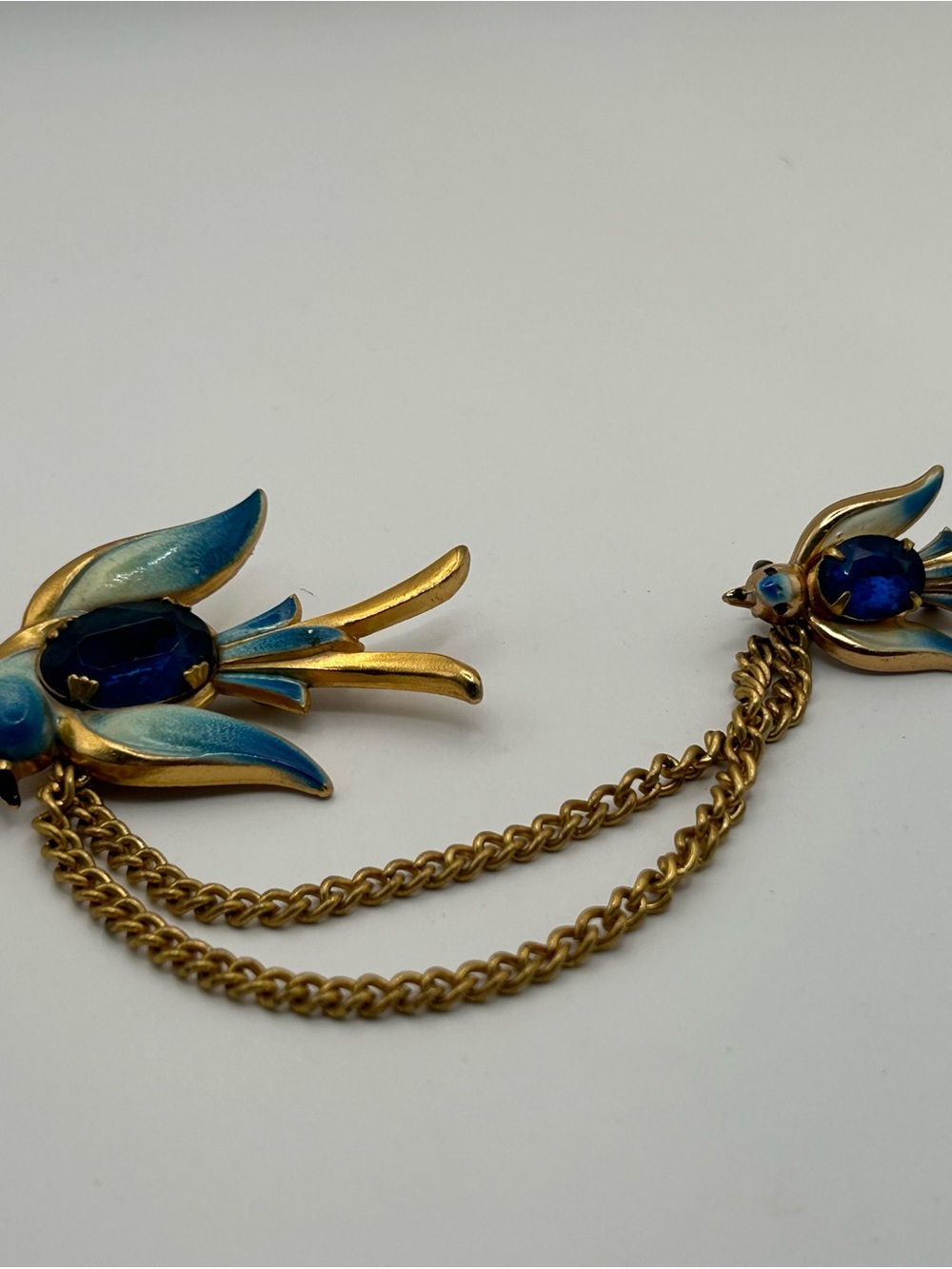 Vintage Coro Pegasus Blue Enamel Bird Chain Brooch - Elegant Blue Crystal Accent